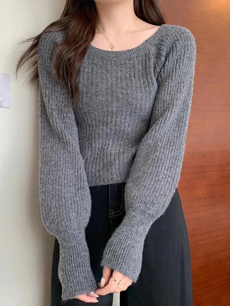 ฤดูใบไม้ร่วงฤดูหนาวหลวมผู้หญิงเสื้อกันหนาวสบายๆพัฟแขนยาวPulloversจัมเปอร์เสื้อถักBasicเสื้อกันหนาวผู้หญิงเสื้อ