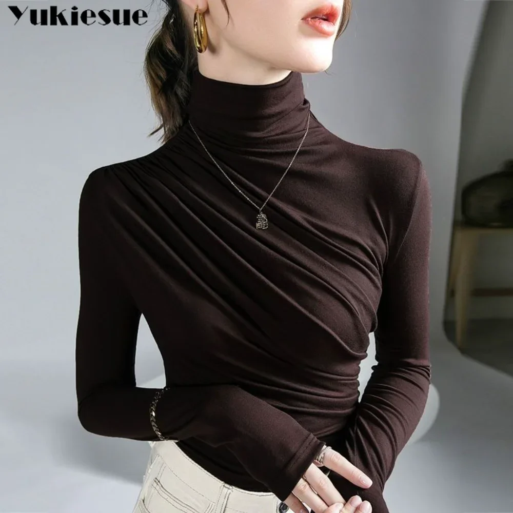 Plissee Stretch T-shirt Neue Frühling Herbst Rollkragen Bodenbildung Pullover frauen Casual Elegante Grund Top Shirts Harajuku Gothic