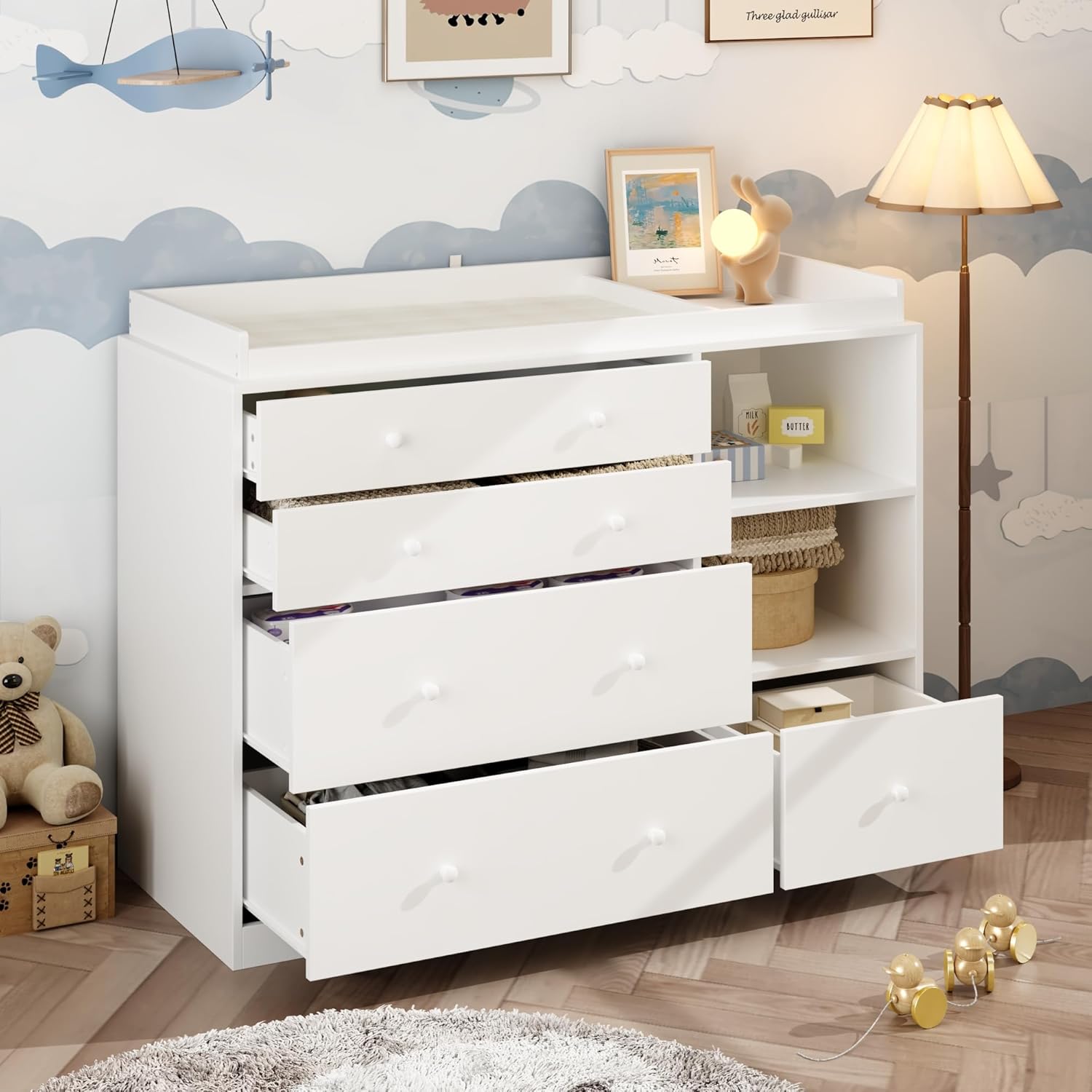 Dresser with Baby Changing Table, Diaper Changing Tables for Nursery with 5 Drawers & Shelves, Changing Station Nursery Organize