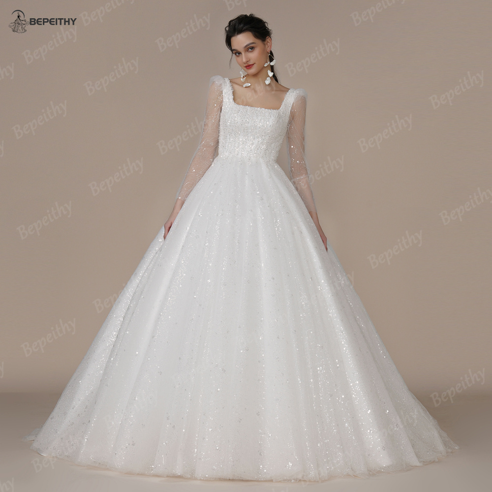 BEPEITHY – robe de mariée carrée brillante, personnalisée, manches longues, paillettes, dos ouvert, robe de bal moderne, 2023