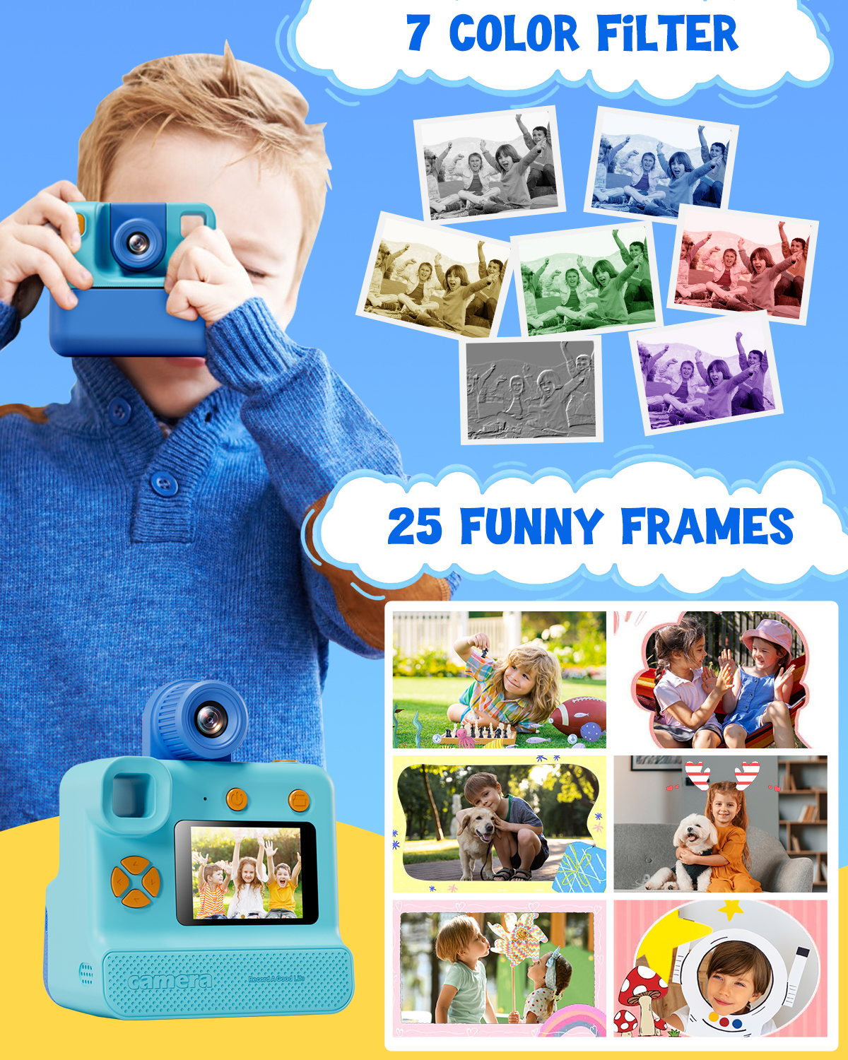 Gofunly Appareil photo numérique pour enfants Jouet 1080P HD Caméra à impression instantanée 180 °   Cadeau de caméra Len Rotation pour filles et garçons