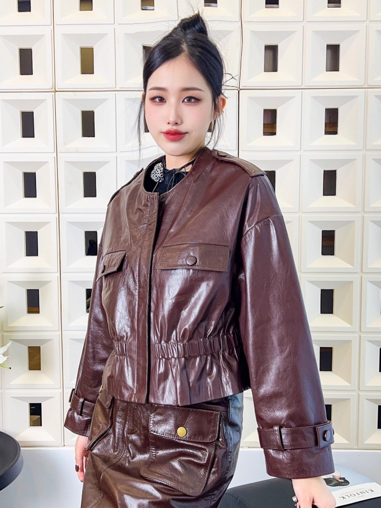 Mode femmes O cou fermeture éclair Vintage huile cire peau de mouton veste automne Style Punk coupe ample taille élastique veste en cuir véritable