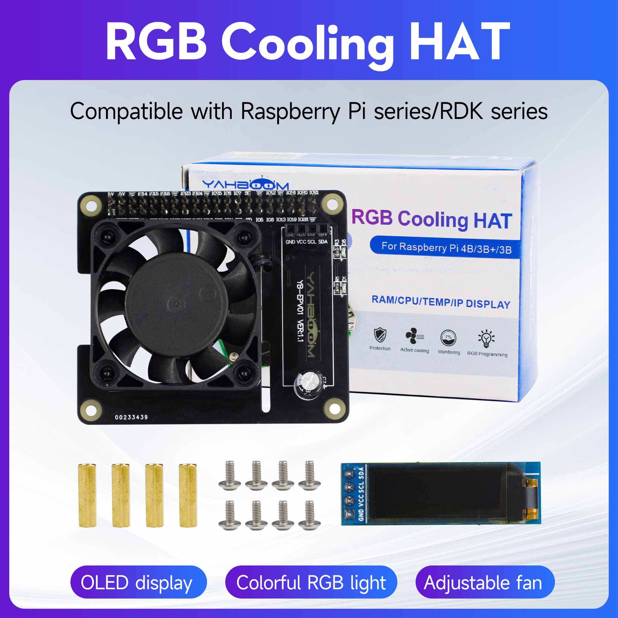 Placa de expansão Yahboom RGB Cooling HAT compatível com Raspberry Pi 5 4B 3B + RDK com OLED e ventilador de resfriamento