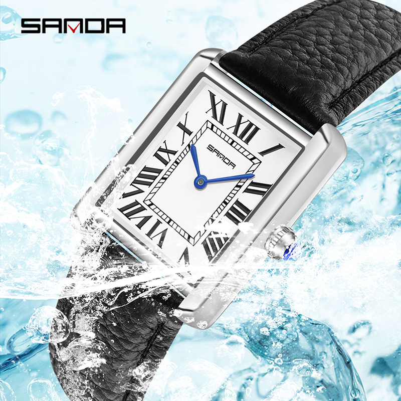 Relógio quartzo impermeável para homens e mulheres, relógio casual Sanda Couple, pulseira de couro, mostrador quadrado Design, resistente ao desgaste, moda, 2024