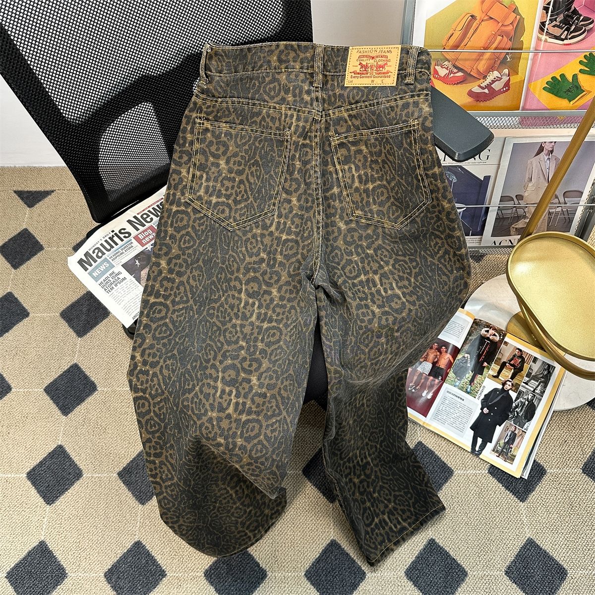Retro primavera na moda leopardo impressão jeans feminino americano calças de rua alta y2k harajuku estilo baggy cintura alta calças casuais