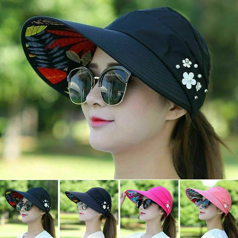 Zonnehoed Zomerschaduw Mode Dames Dames Zomervakantie Brede rand Opvouwbaar Anti-UV Strandvizier Caps Lege hoge hoeden Korea-stijl