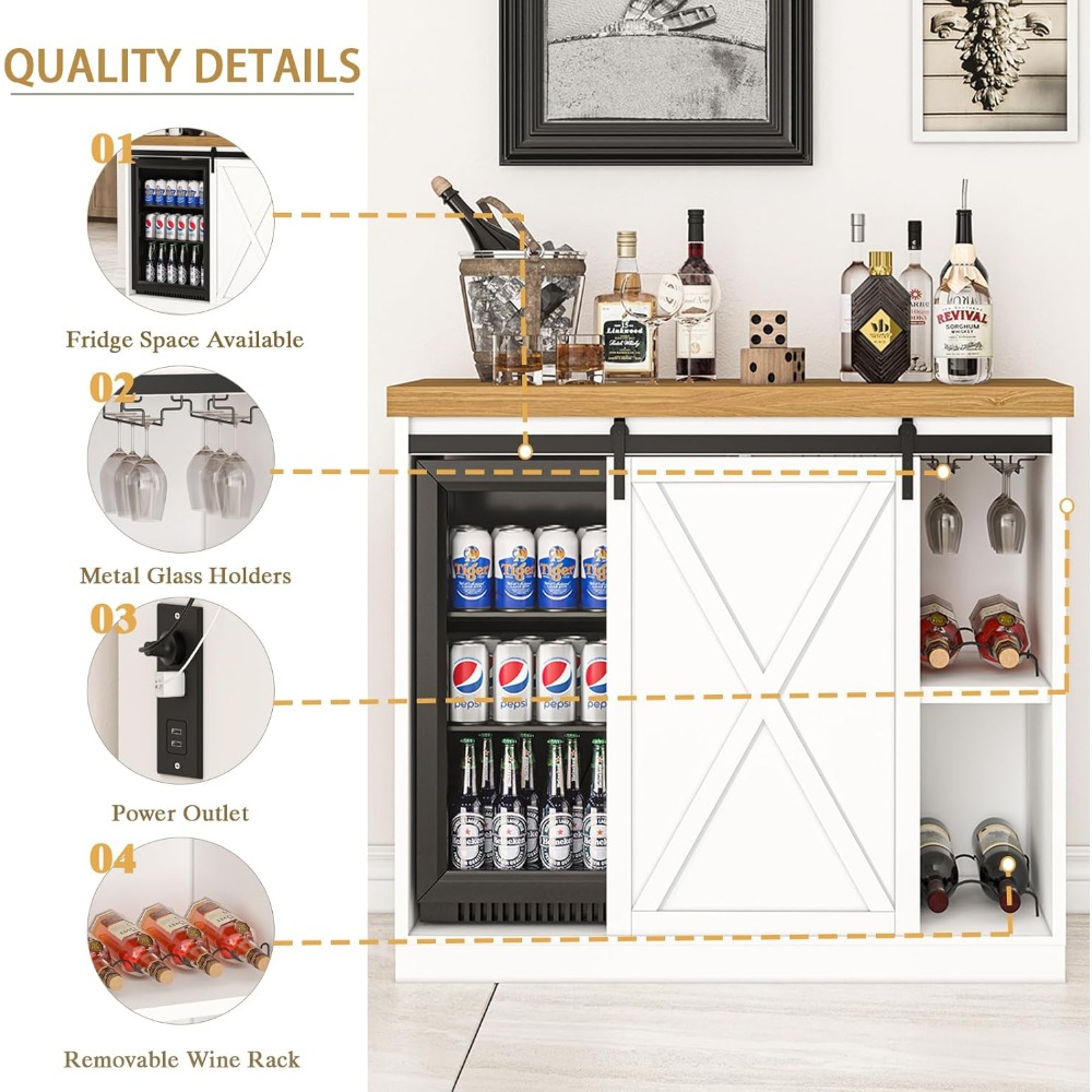 Mueble para cafetería de 49" - Wine Rack de granja con espacio para frigorífico, toma de corriente y puerta corredera" ​