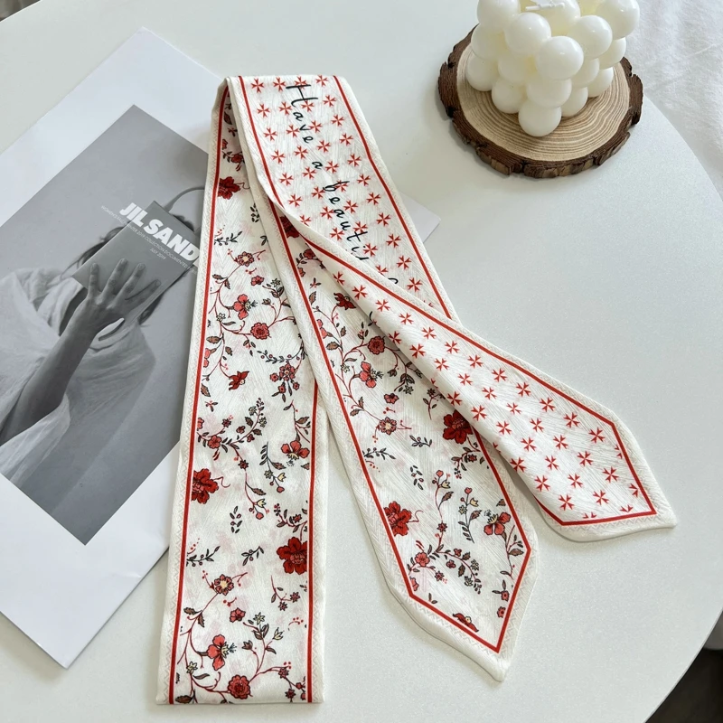 Diadema con estampado de Floret para mujer, bolso de satén de seda, bufanda para mujer, cinta para la muñeca larga delgada, bufandas para el cuello, bufandas para el cabello para mujer