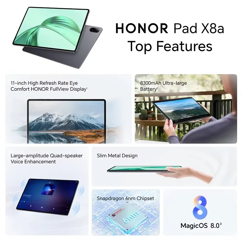 HONOR Pad X8a Tablet WIFI Globale Version 4 GB 128 GB 11 Zoll 90 Hz Display 8300 mAh Akku Snapdragon 680 Android 14 WiFi Tablet