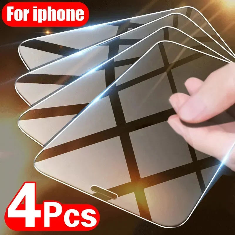 4 шт. закаленное стекло для iPhone 11 12 13 14 15 16 Pro XR X XS Max Защитная пленка для экрана для iPhone 13 12 Mini 16 7 8 Plus SE Glass