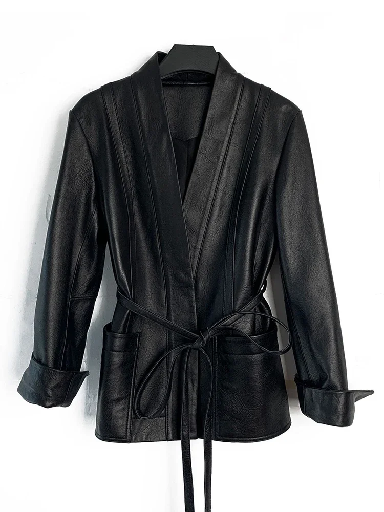 Gabardina de piel de oveja auténtica para mujer, chaquetas de cuero Real con cinturón, ropa de calle para primavera y otoño