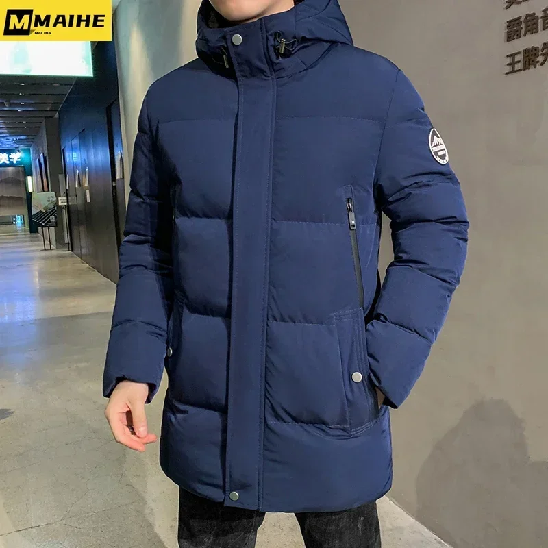 Jaqueta de marca para homens inverno moda coreana leve longo acolchoado casaco roupas masculinas cor sólida com capuz casacos de algodão quentes