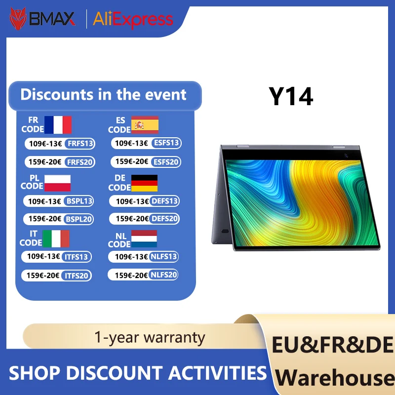BMAX Windows 11MaxBook Y14 Business Laptop 16GB LPDDR5 512GB SSD 14 inch Screen 360 ° Convertible Ultra Thin Case