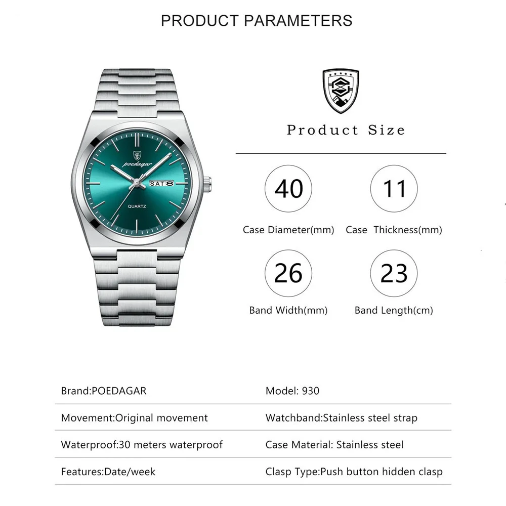POEDAGAR-Reloj de pulsera de cuarzo para hombre, cronógrafo deportivo de lujo, resistente al agua, luminoso, con fecha y semana, de acero inoxidable
