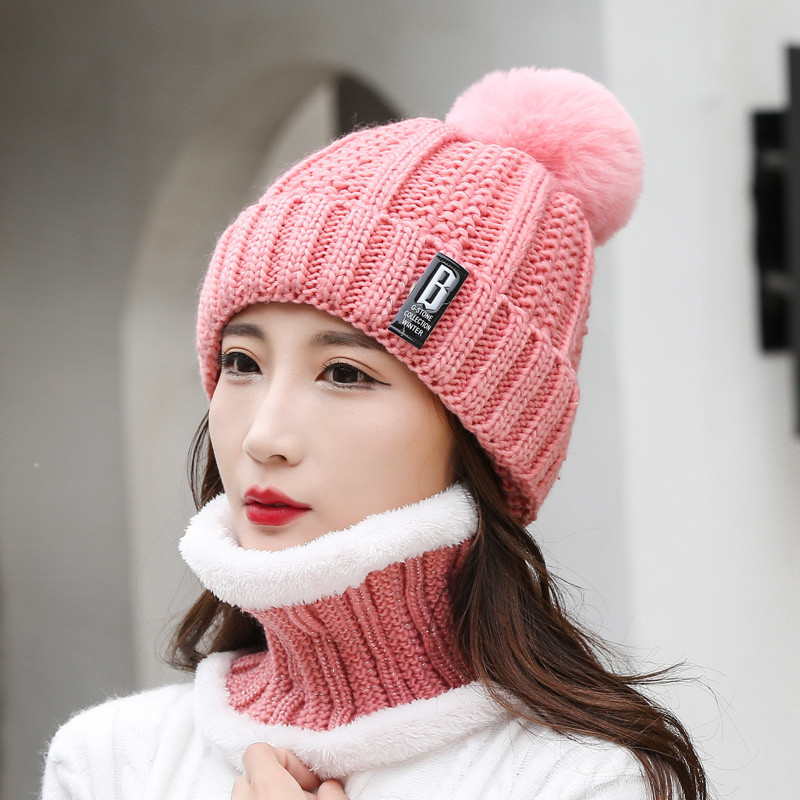 冬の帽子レディースビーニー帽子厚くて暖かいスカリー冬の女性ニット帽子 B 文字ボンネットビーニーキャップサイクリング帽子スカーフ 2pc セット