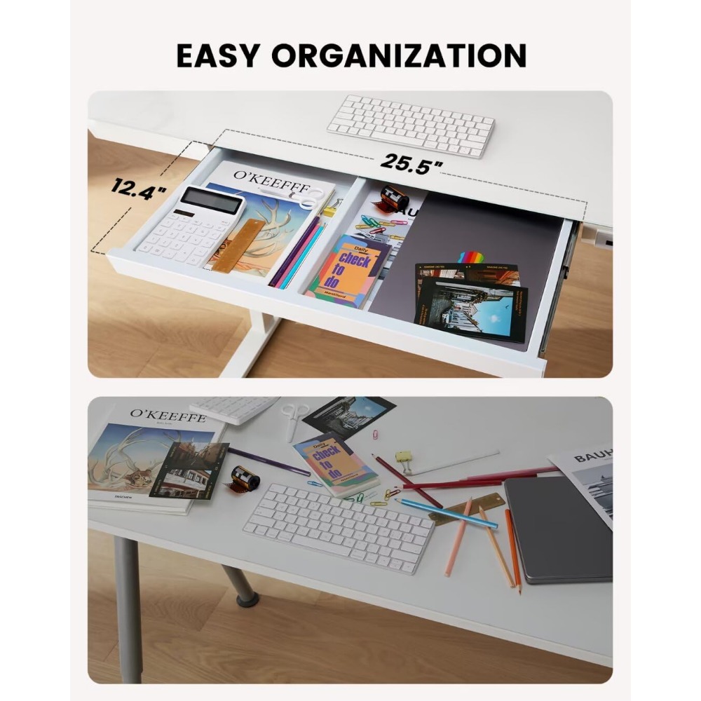 Standing Desk with Drawer, Glass Top One Piece, 48x24 inch Height Adjustable Desk, Electric Standing Desk