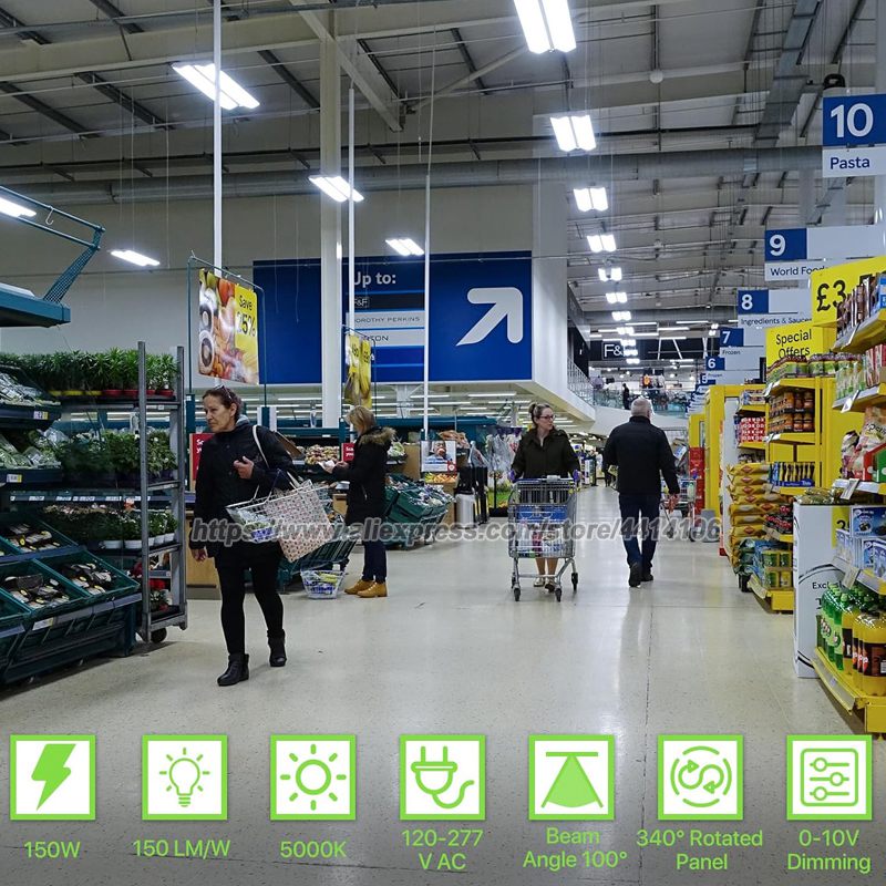 ไฟถาดไฟ LED 150W 20250lm เชิงเส้นสำหรับร้านค้าไฟเบย์สูงสำหรับโรงรถไฟเชิงพาณิชย์สำหรับเวิร์คช้อปซูเปอร์มาร์เก็ต