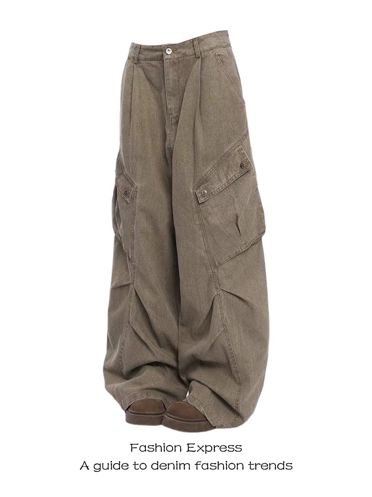 VintageMaillard ブラウンフリル大きなポケットの女性のジーンズルーズフィットストレートレッグワイドレッグドラッグパンツ秋の新到着