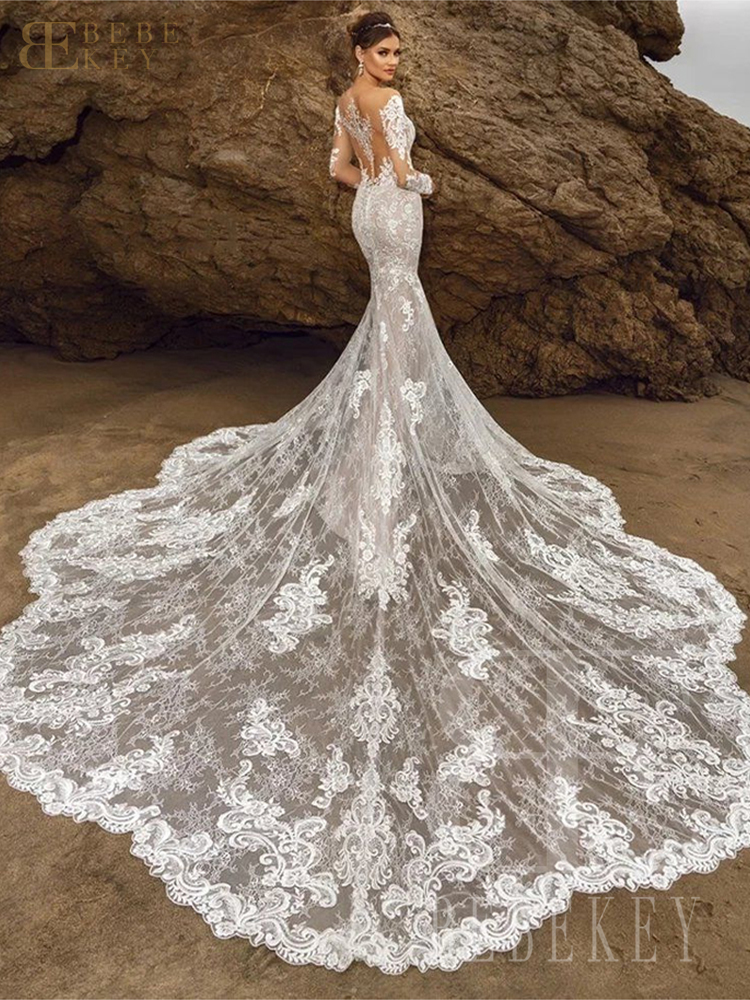 BEBEKEY Langarm-Brautkleid aus Spitze für Damen, U-Ausschnitt, Hochzeitskleid mit Kapellenschleppe, Meerjungfrau-Hochzeitskleid