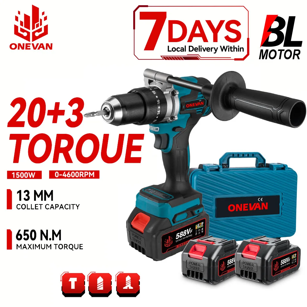 ONEVAN 1500 W Bürstenlosen Elektrischen Schlagbohrmaschine 650 NM Akkuschrauber Platten Boden Holzbearbeitung Werkzeug Für Makita Batterie Pin