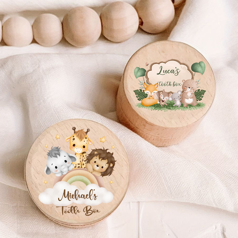 Caixa de madeira personalizada para dentes de bebê, armazenamento de dentes de leite, coletar dentes, umbilical, salvar caixas, safari, animal com nome, lembrança, presente