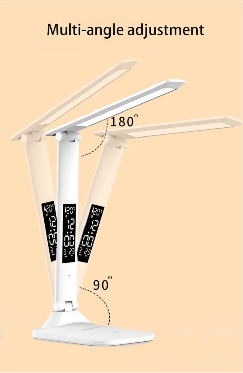 Nuova lampada da tavolo a LED Touch pieghevole USB ricaricabile con sveglia Termometro Luce notturna dimmerabile per lampada da lettura da studio da scrivania