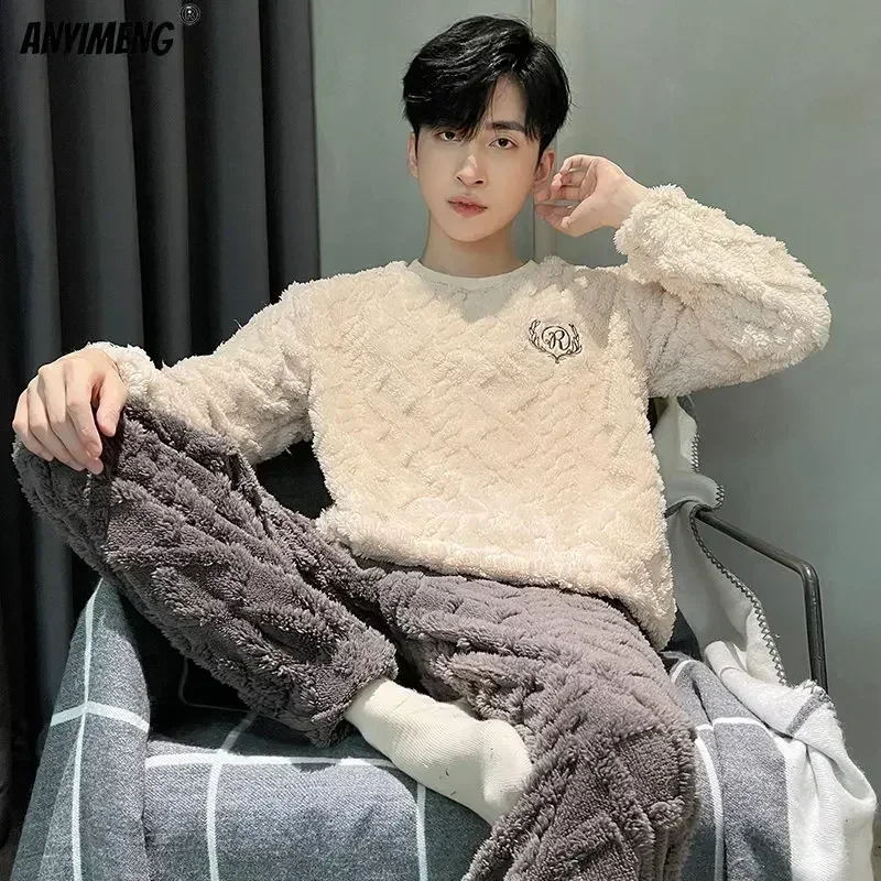L-5XL ขนาดใหญ่ชุดนอนบุรุษชุดฤดูหนาวหนากํามะหยี่ปะการังชุดนอนสําหรับ Man Leisure Sporty ชุดนอน Chubby Thermal Pijamas สําหรับ Boy