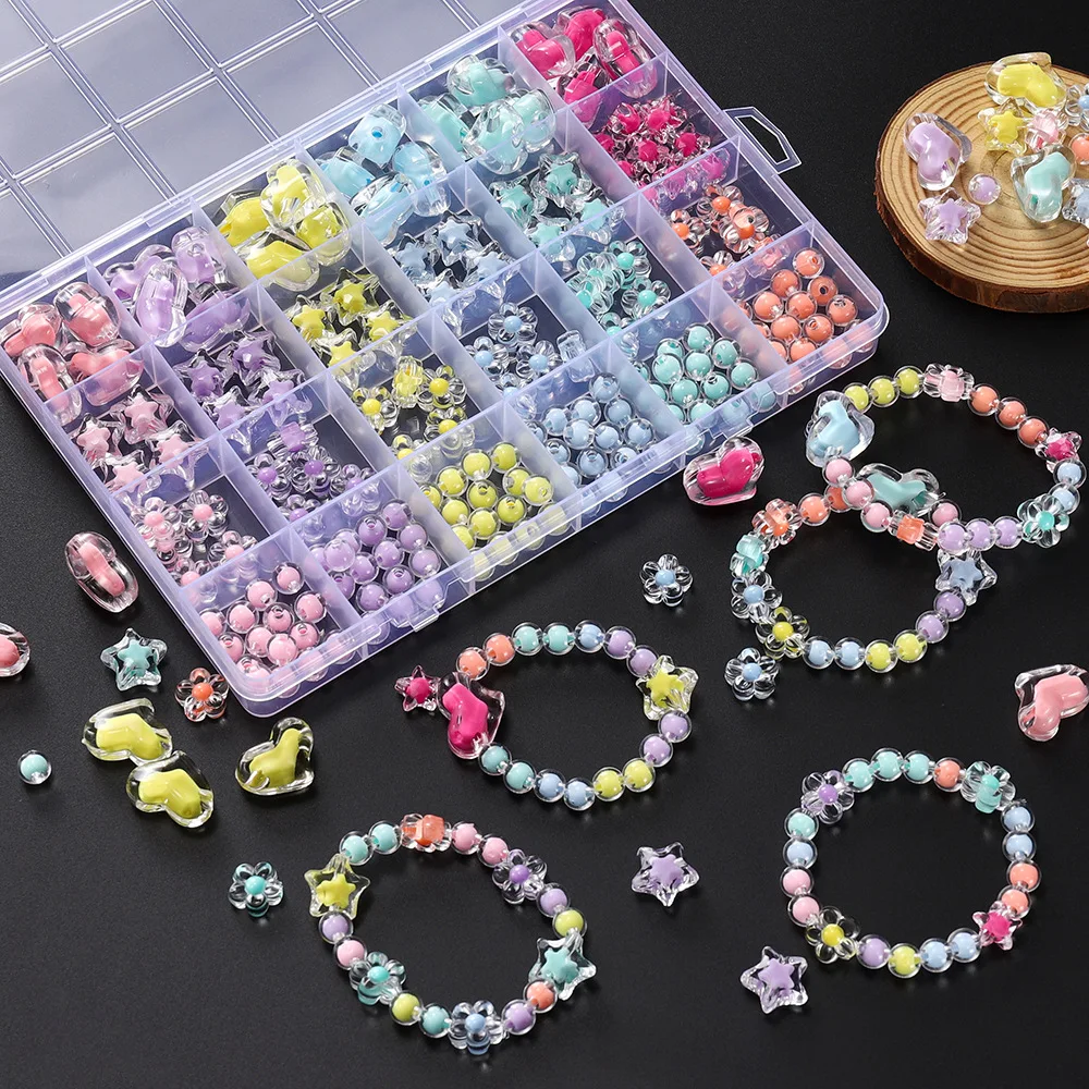 24 rejillas/caja de cuentas acrílicas de corazón y estrella, espaciador redondo de flores, Kits de dijes de cuentas sueltas para pulsera, llavero, accesorios para hacer joyas