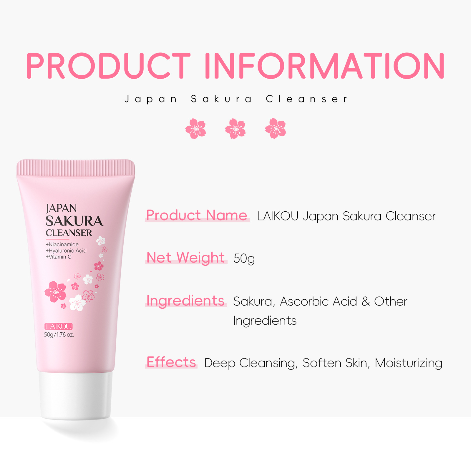 Laikou Sakura Whitening Facial Cleanser Foam Moisturizing Deep Remove Cleansing Acne Milk Oil Control Exfoliating Shrink Pores