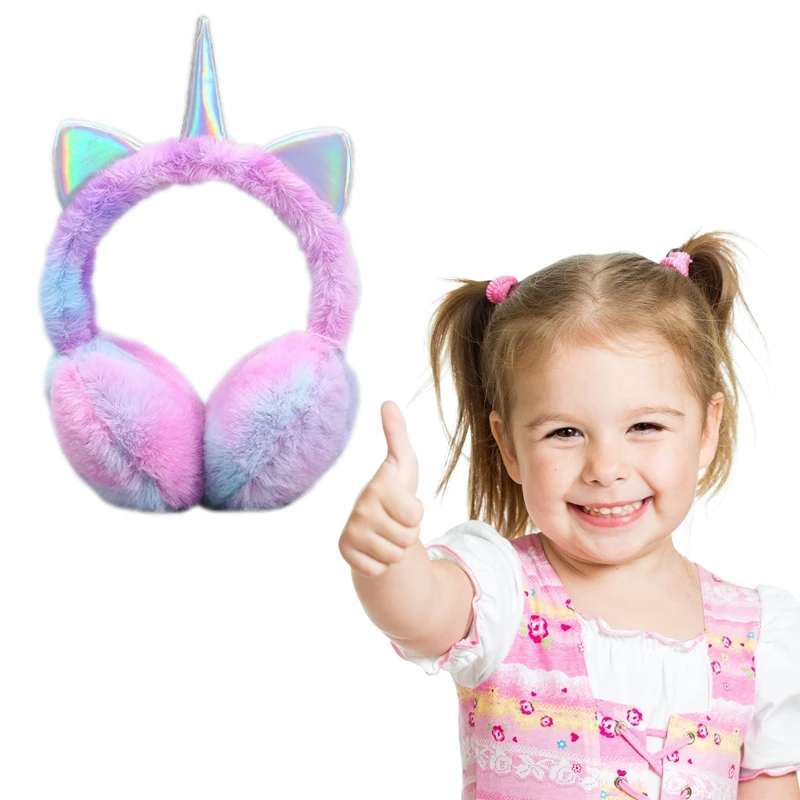 Orejeras cálidas de invierno para niños y niñas, orejeras de dibujos animados de unicornio colorido, orejeras de gato esponjosas de felpa suave, orejeras para ciclismo, esquí, teñido anudado