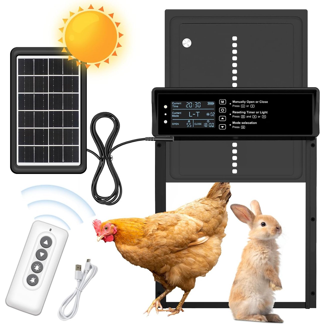 Porta automática solar para galinheiro, porta automática para frango, movida a energia solar e carregamento USB, 4 modos com temporizador e sensor de luz