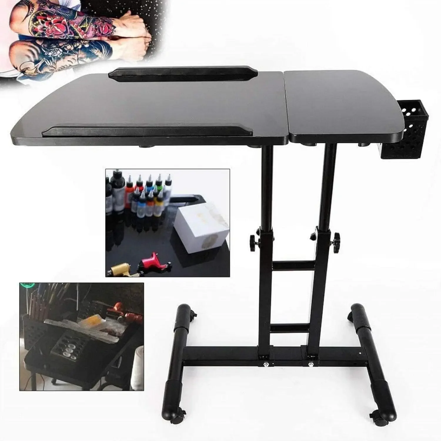 Tattoo-Tablett auf Rädern, tragbare mobile Tattoo-Workstation mit Rädern, 57,5–90 cm höhenverstellbarer schwarzer Salonwagen