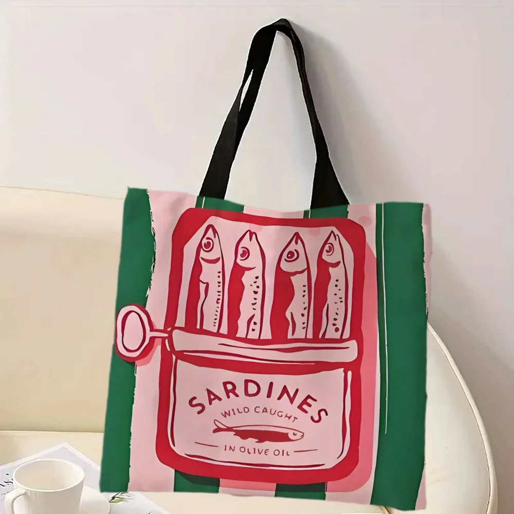 Bolso casual colorido de moda con estampado de sardines, mochila de moda reutilizable, bolso de mano multifuncional, bolso de compras de poliéster