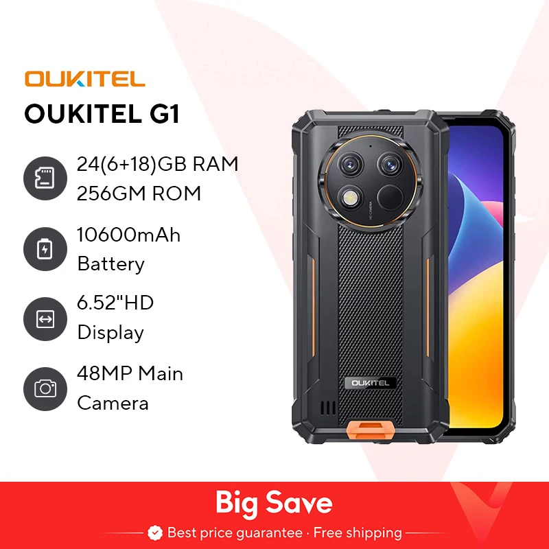 Oukitel G1 Smartphone robusto Android 6.52'' 10600mAh 24GB + 256GB telefono robusto Android14 48MP HD + fotocamera cellulare