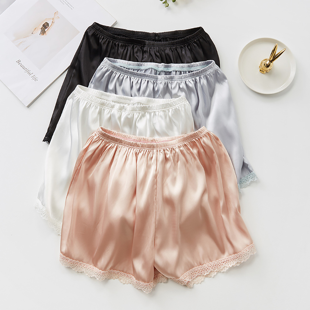 Mulheres primavera verão cetim seda rendas shorts de segurança calças soltas cintura elástica casa dormir shorts pijamas inferiores finos