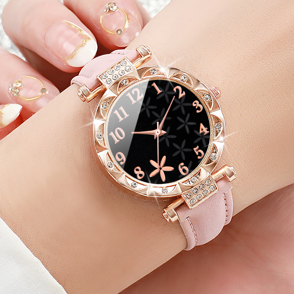 7 Teile/satz Mode Strass frauen Uhr Leder Band Weibliche Quarz Uhren (Ohne Box)
