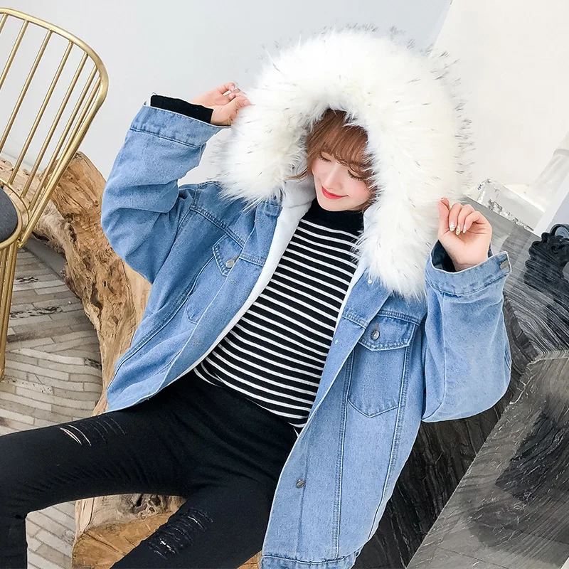 Hooded Denim Coats Pockets Single Breasted Jacket 2024 Autumn Winter Outerwear Thick Warm Comfortable Women Casual Overcoat