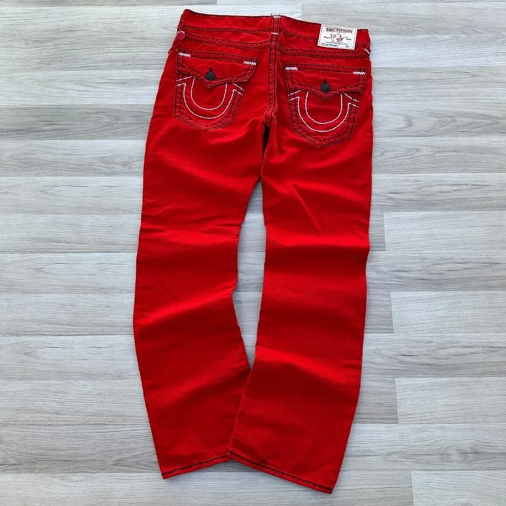 Vaqueros bordados de fe verdadera roja, pantalones vaqueros informales holgados góticos de estilo Hip Hop callejero Vintage, pantalones holgados para parejas, ropa y2k
