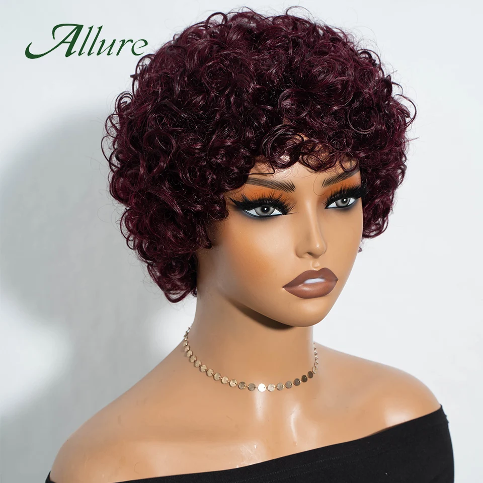 Jerry Curlyวิกผมผมมนุษย์ผู้หญิงสีดํา 10 นิ้วสั้นPixie Afro Kinky CurlyวิกผมกับBangsสีน้ําตาลสีผมWigs Allure