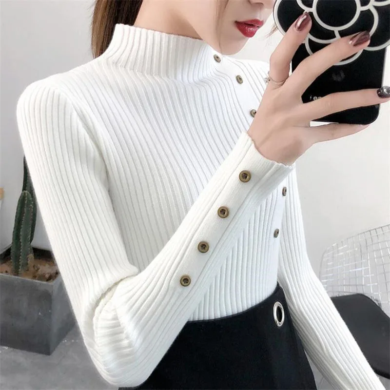 2025 outono malha gola alta suéteres feminino sólido malha algodão macio elástico cor magro pullovers botão manga cheia