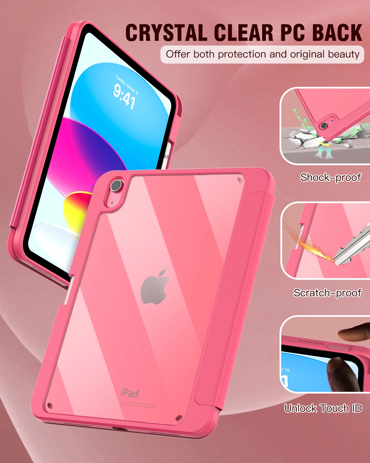 Funda para iPad de 10. a generación 2022, con portalápices, funda protectora híbrida delgada con soporte triple y parte trasera transparente para iPad 10