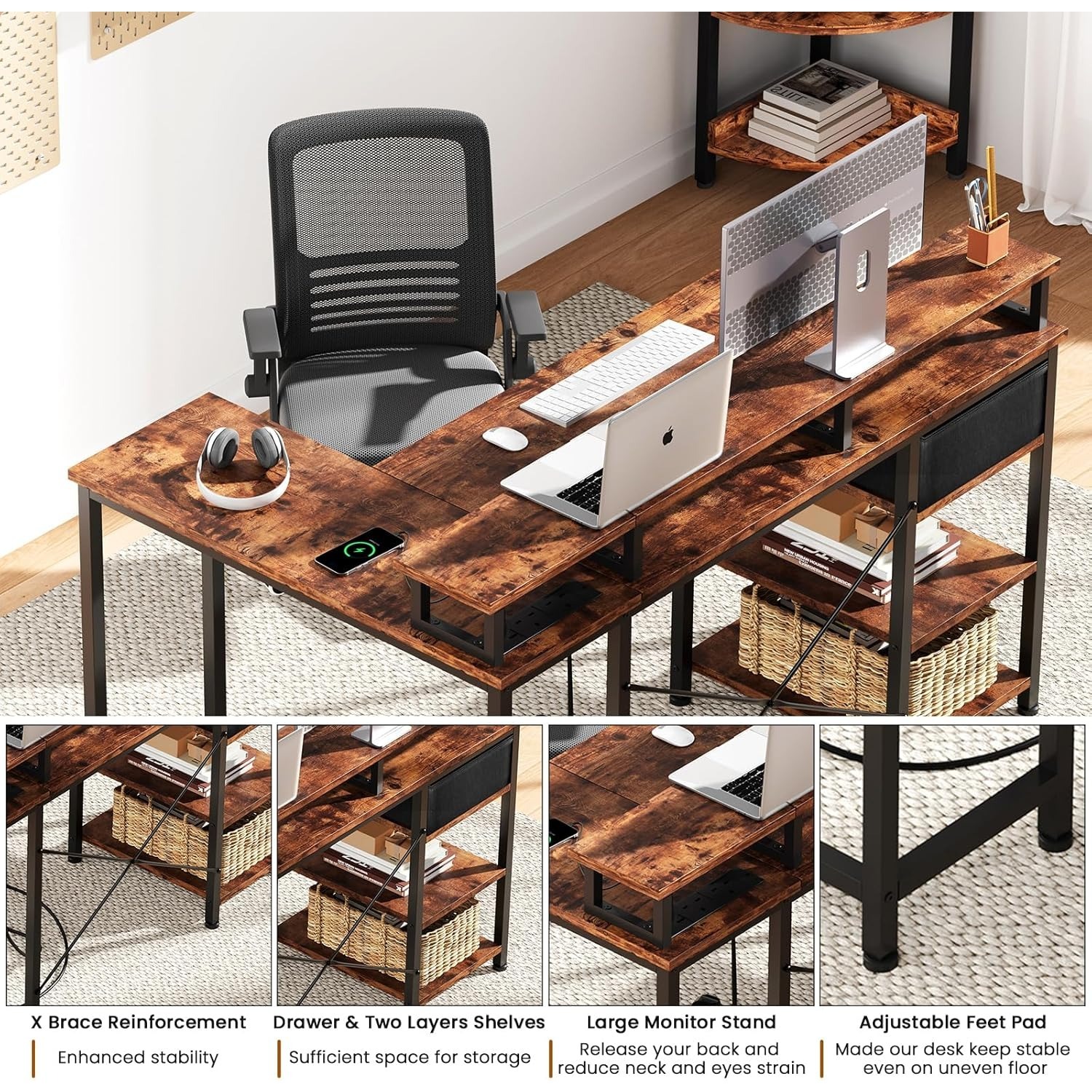 L Shaped Desk with Power Outlet Corner Computer Desk with Storage Shelves and Fabric Drawer, Study Writing Table Gaming Desk