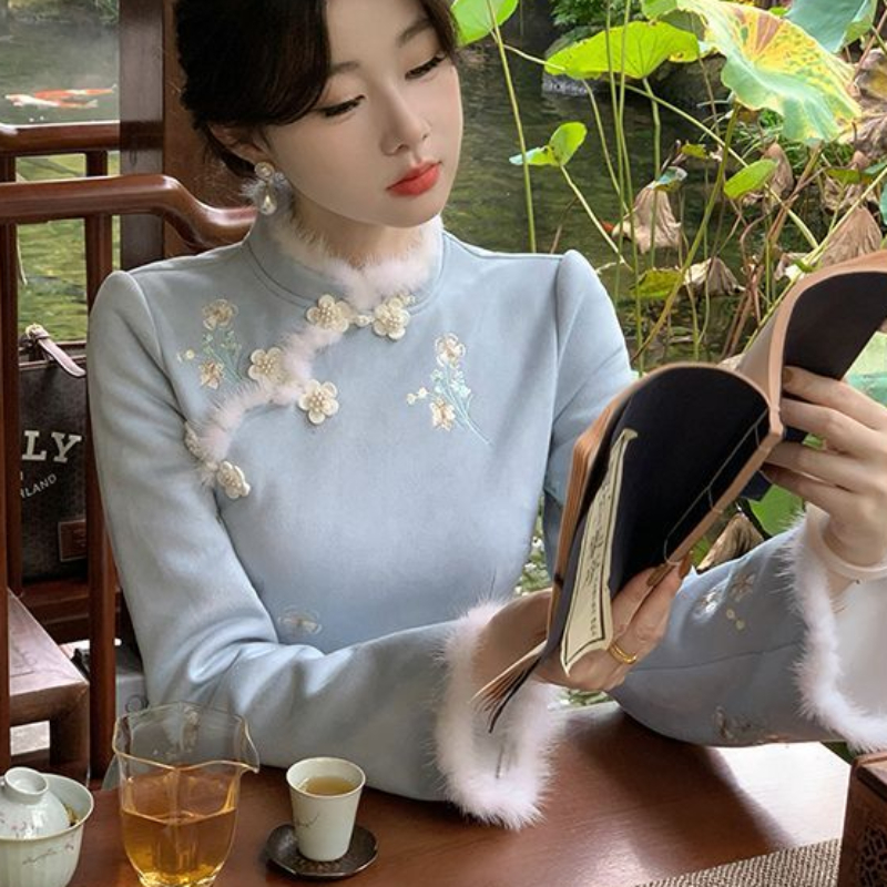 女性のための伝統的なqpaoドレス、秋と冬の服、優しい花、気質、エレガントな刺embroidery、ヴィンテージドレス、チャイナドレス