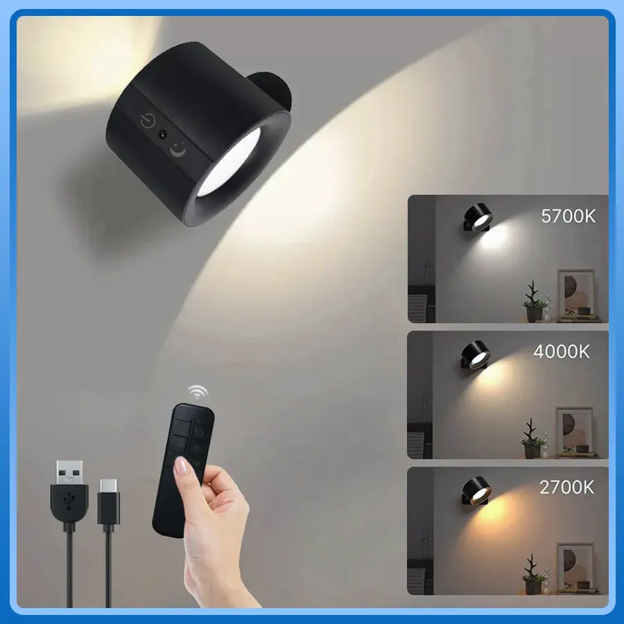 โคมไฟติดผนัง LED แม่เหล็กสองหัวแบบชาร์จไฟได้ 360 °   การหมุนสปอตไลท์ควบคุมระยะไกลไร้สายสําหรับการตกแต่งห้องนั่งเล่นในห้องนอน