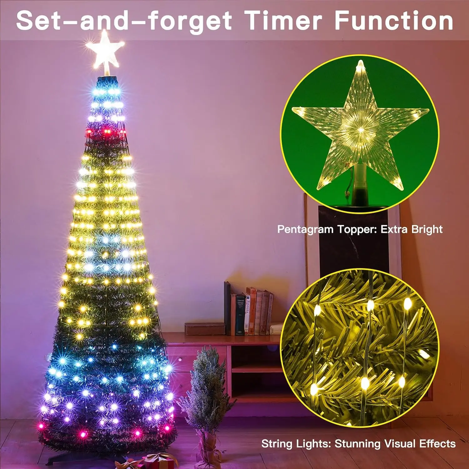 Decoraciones navideñas inteligentes, luces de árbol de Navidad, Control por aplicación, imagen de texto DIY, cadena de luces RGB con Control remoto, 400led