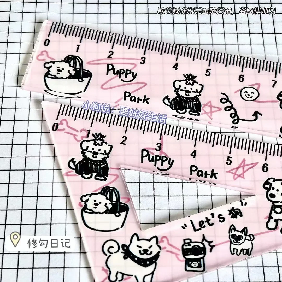 Ins carino cucciolo bianco nero rosa righello traslucido set da 4 pezzi ragazza kawaii triangolo righello goniometro righello studente di cancelleria