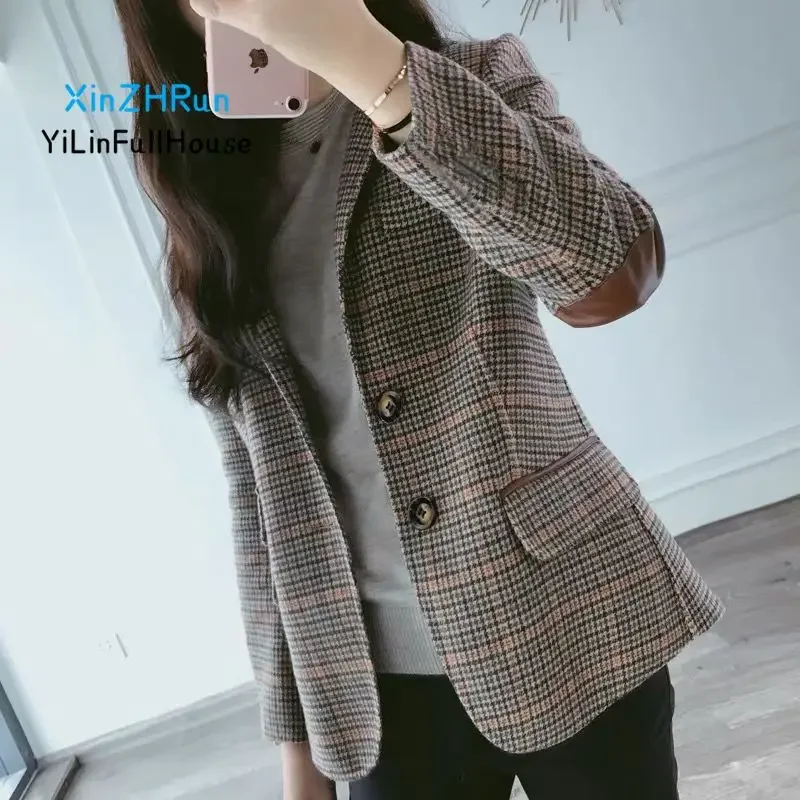 Moda damska Wełniany mały garnitur w kratę 2024 Wiosna Jesień Nowa moda Koreańska wersja Plus Size Retro Casualowy garnitur damski Odzież wierzchnia
