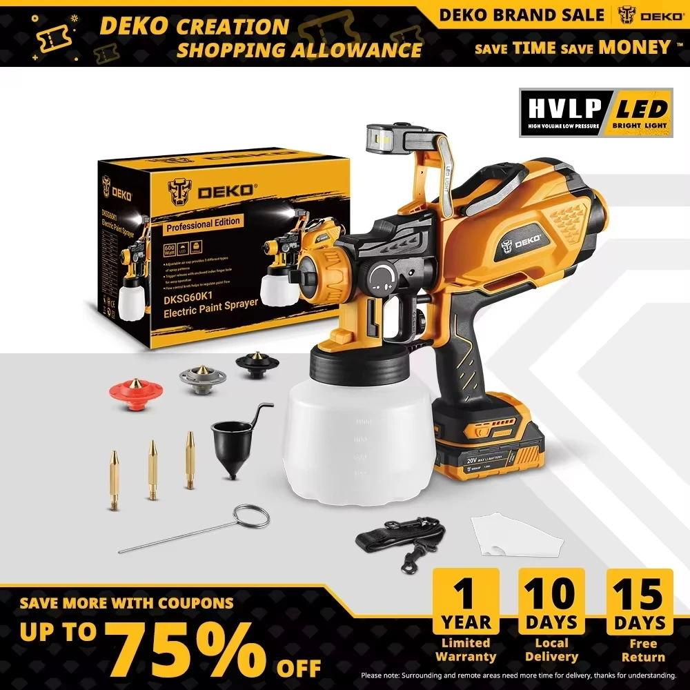 DEKO-PISTOLA DE PULVERIZACIÓN HVLP con luz LED y 3 boquillas, pulverizador de pintura eléctrico de gran capacidad y alta potencia, 1200ml, para bricolaje en el hogar