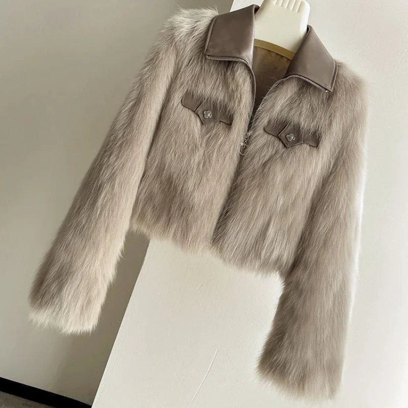 Koreanische Version Revers Hellgrau Imitation Fuchs Flauschigen Kurzmantel für Frauen, Frühling und Herbst Mantel, Kleine Duft Pelzmantel, Ne