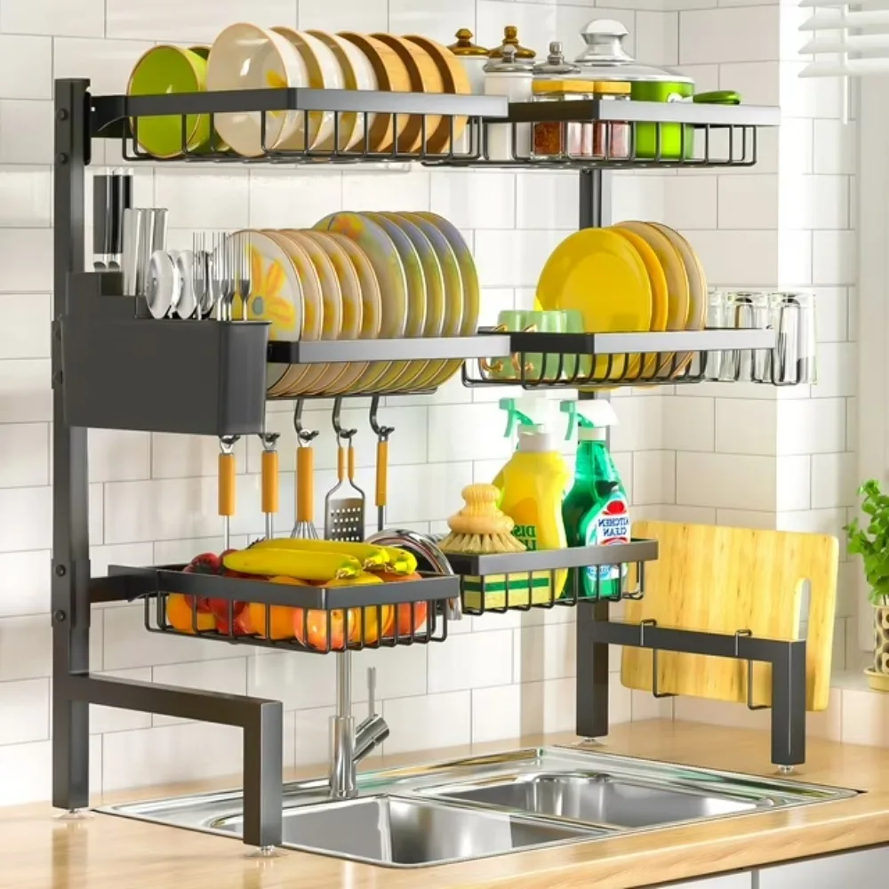 Over Sink Dish Drying Rack, 24.8" - 35.4" Expandable Length and Height, 3 Tier Large Dish Drying Rack, Stainless Steel Dish Rack